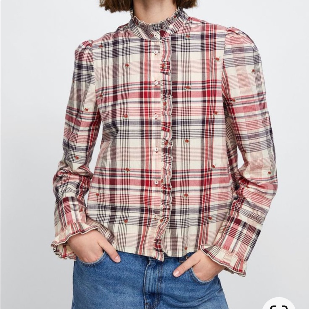 Zara embroidered plaid top